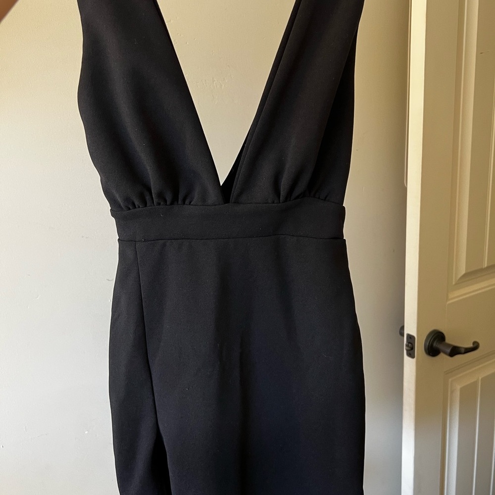 Deep V Black Dress with Leg Slit